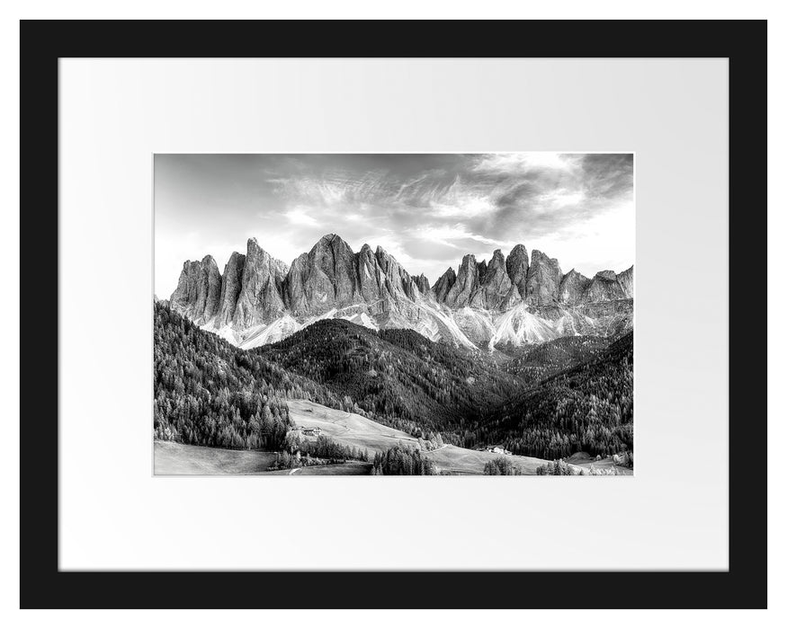 Pixxprint Bunte Waldlandschaft vor den Dolomiten, Monochrome, im Galerie-Passepartout Bilderrahmen