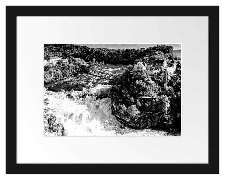 Pixxprint Panorama vom Rheinfall in der Schweiz, Monochrome, im Galerie-Passepartout Bilderrahmen