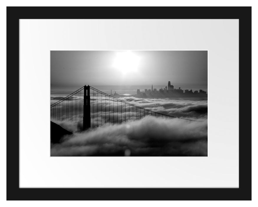 Pixxprint Golden Gate Bridge im Sonnenaufgang, Monochrome, im Galerie-Passepartout Bilderrahmen