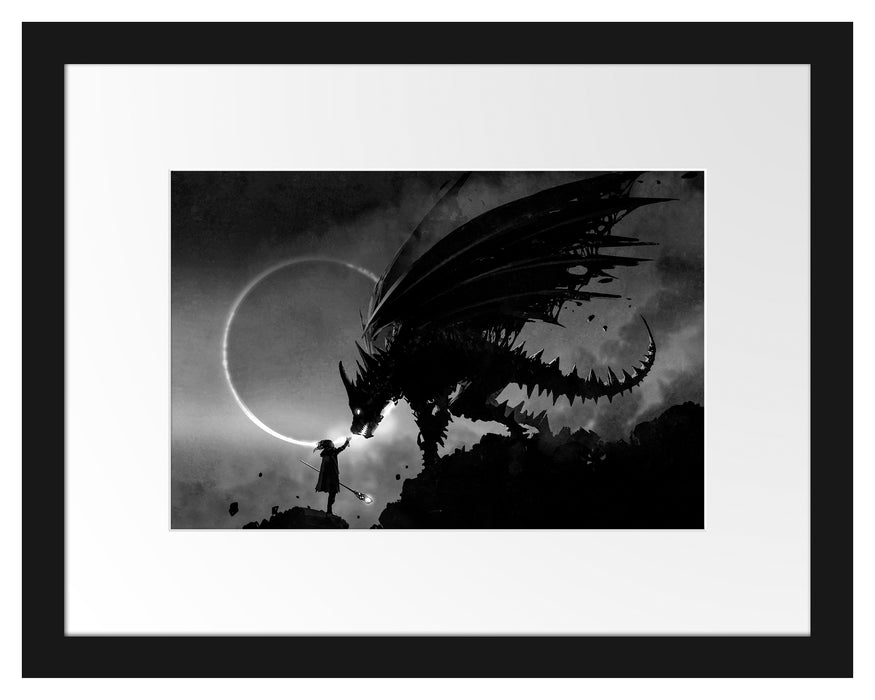 Pixxprint Zauberer und Drache bei Sonnenfinsternis, Monochrome, im Galerie-Passepartout Bilderrahmen