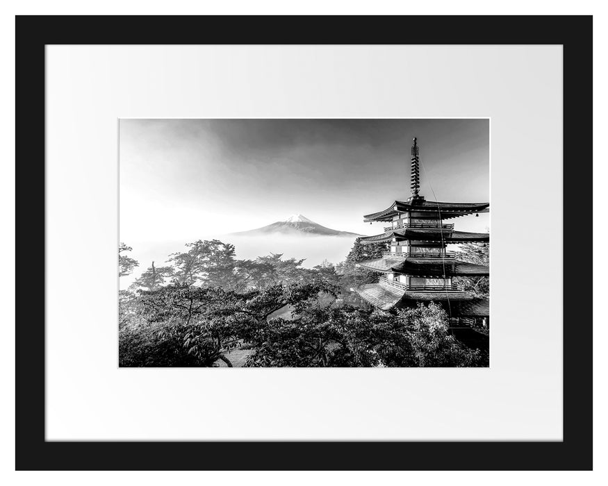 Pixxprint Japanischer Tempel in bunten Baumwipfeln, Monochrome, im Galerie-Passepartout Bilderrahmen