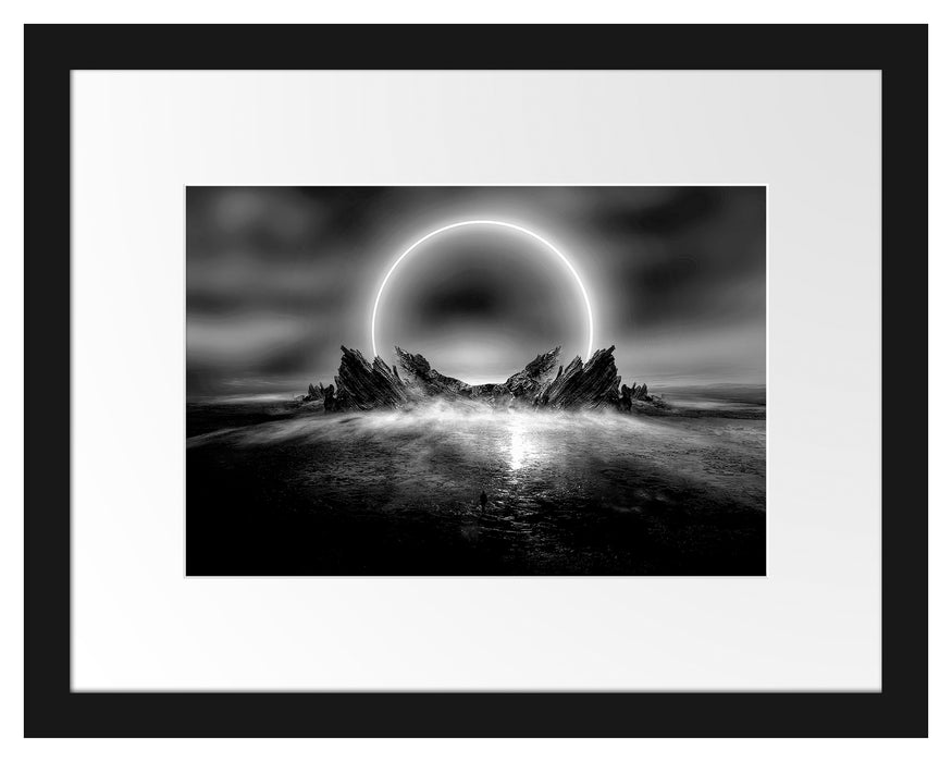 Pixxprint Abstrakter Mond hinter Felsformation, Monochrome, im Galerie-Passepartout Bilderrahmen