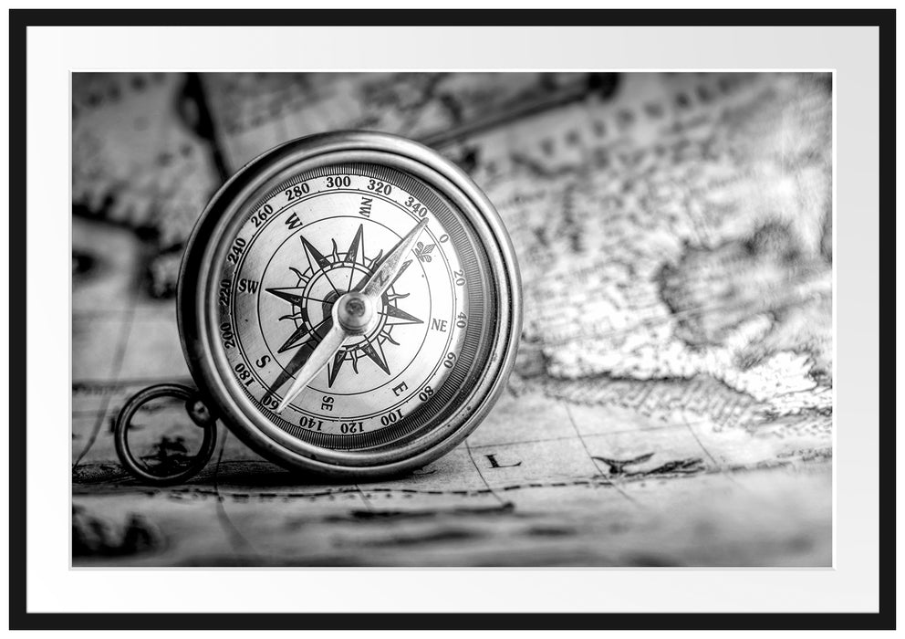 Alter Kompass auf Weltkarte, Monochrome Passepartout Rechteckig 100