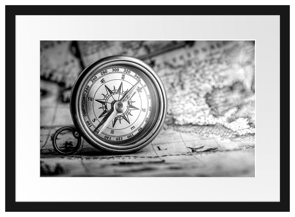 Alter Kompass auf Weltkarte, Monochrome Passepartout Rechteckig 40