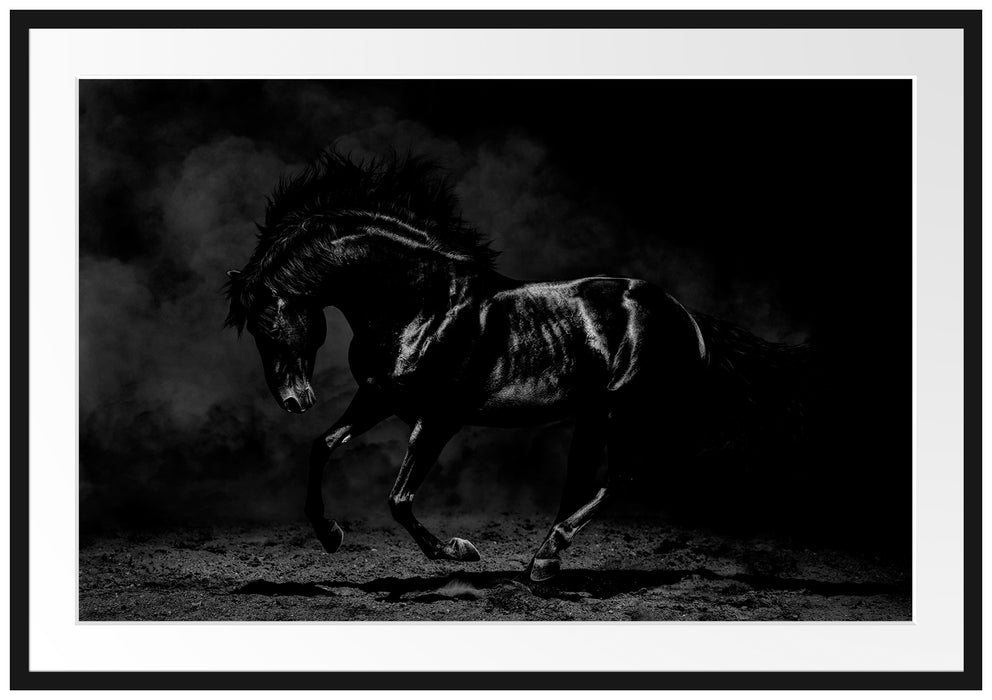 Edles galoppierendes schwarzes Pferd, Monochrome Passepartout Rechteckig 100