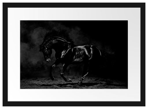 Edles galoppierendes schwarzes Pferd, Monochrome Passepartout Rechteckig 40