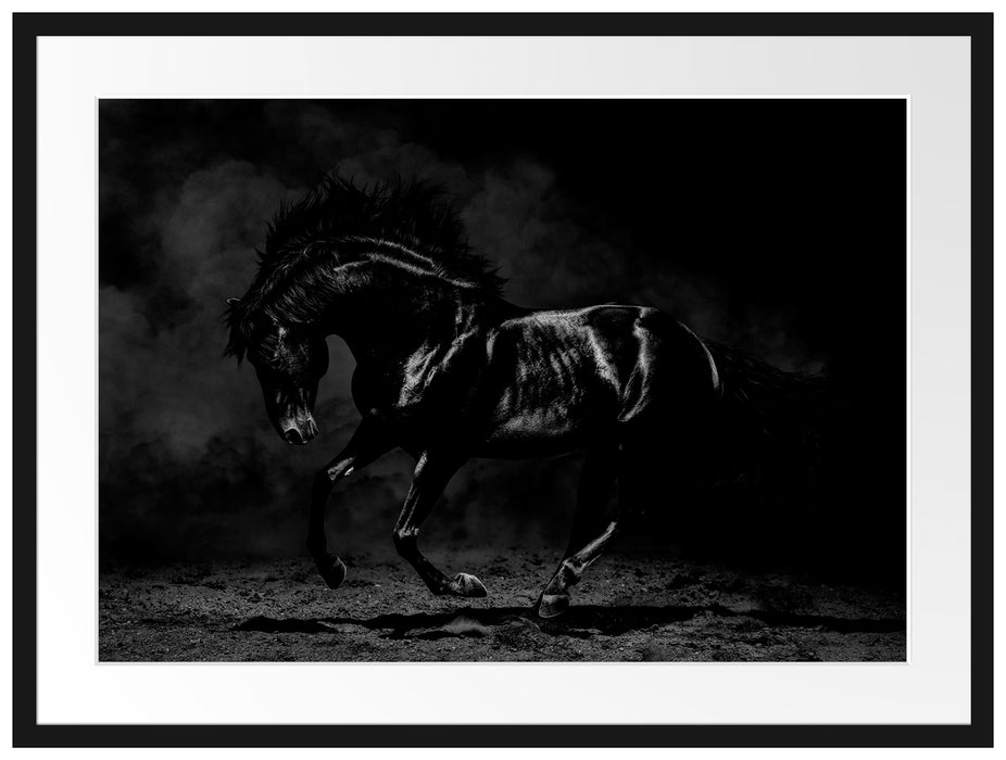 Edles galoppierendes schwarzes Pferd, Monochrome Passepartout Rechteckig 80