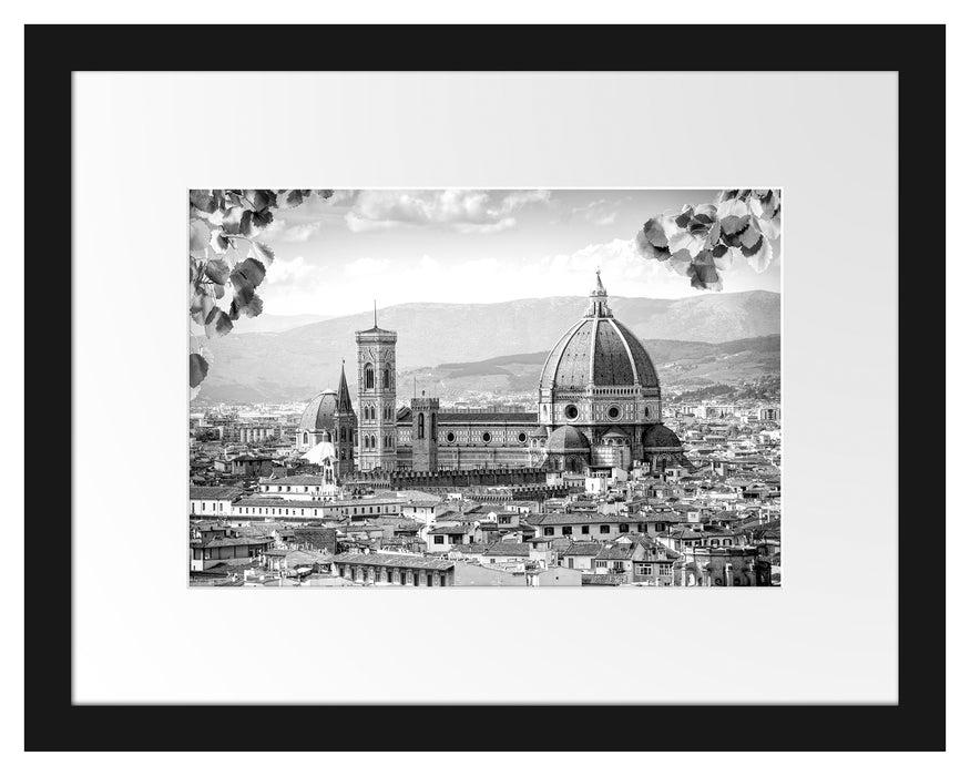 Pixxprint Hausdächer und Kirche in Florenz, Monochrome, im Galerie-Passepartout Bilderrahmen