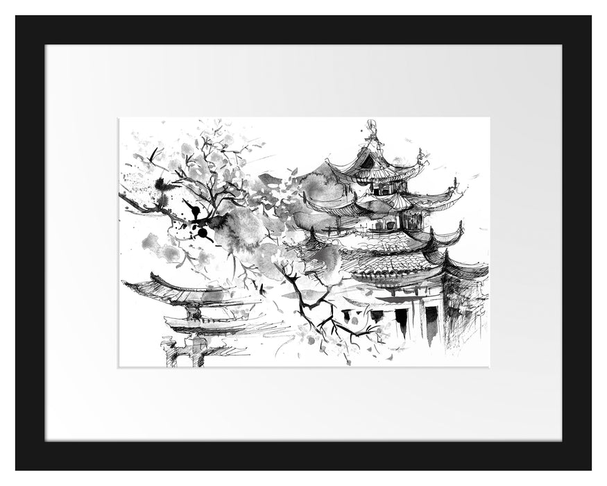 Pixxprint Japanischer Tempel Wasserfarben, Monochrome, im Galerie-Passepartout Bilderrahmen