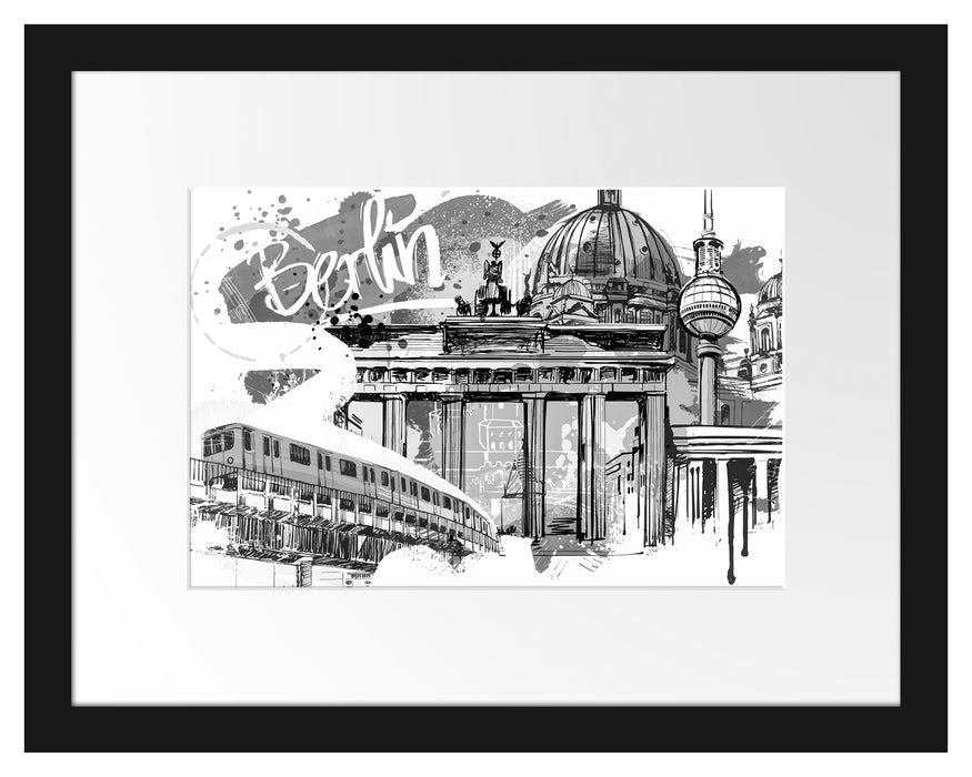 Pixxprint Berlin und seine Wahrzeichen Abstrakt, Monochrome, im Galerie-Passepartout Bilderrahmen