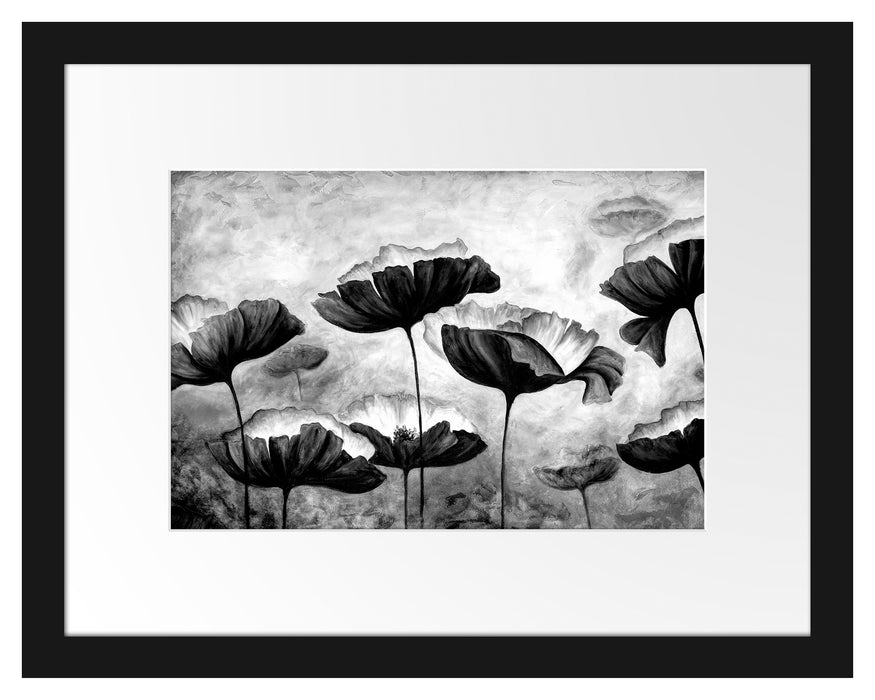 Pixxprint Mohnblumen gezeichnet, Monochrome, im Galerie-Passepartout Bilderrahmen