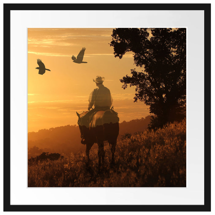 Ein Cowboy im Sonnenuntergang Passepartout Quadratisch 55x55