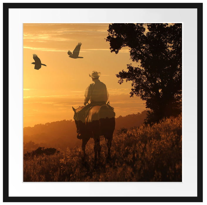 Ein Cowboy im Sonnenuntergang Passepartout Quadratisch 70x70