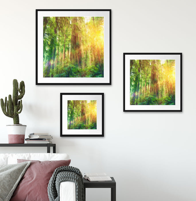 Wald bei Sonnenlicht Kunst Quadratisch Passepartout Wohnzimmer