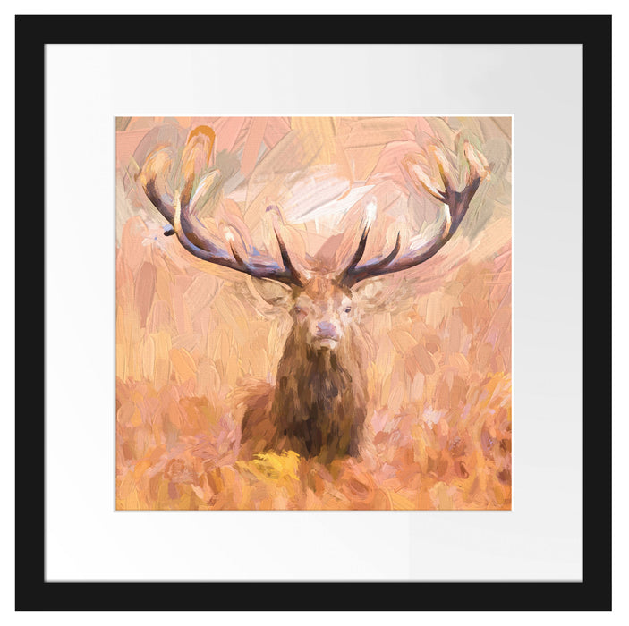 Großer Hirsch im Feld Kunst Passepartout Quadratisch 40x40