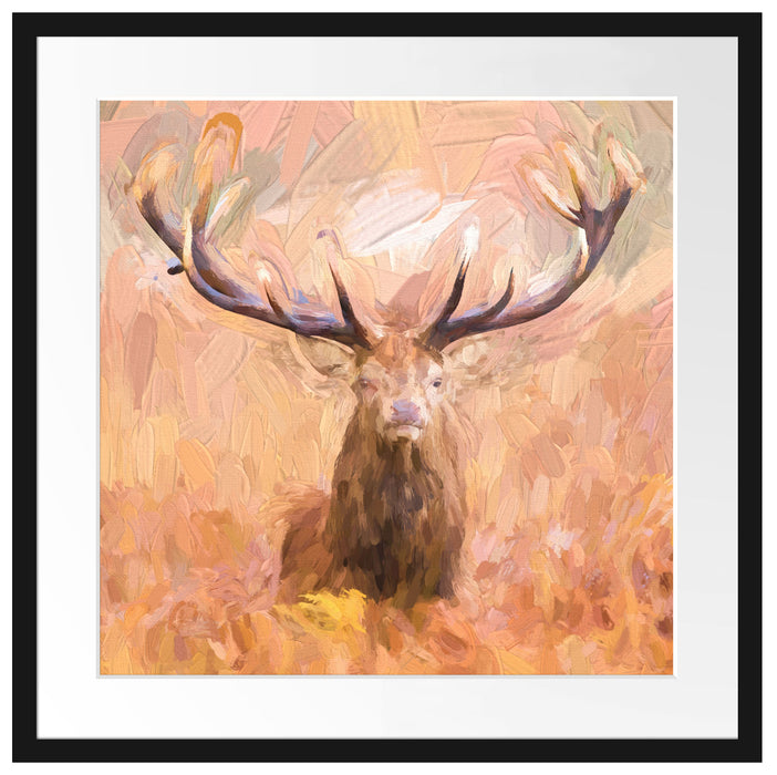 Großer Hirsch im Feld Kunst Passepartout Quadratisch 55x55