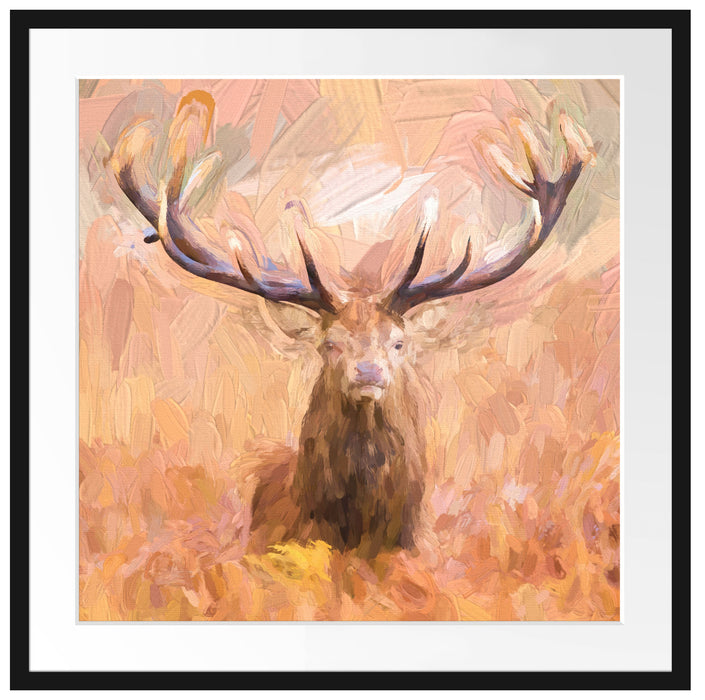Großer Hirsch im Feld Kunst Passepartout Quadratisch 70x70