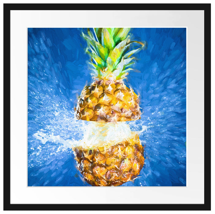 Ananas mit Wasser bespritzt Kunst Passepartout Quadratisch 55x55