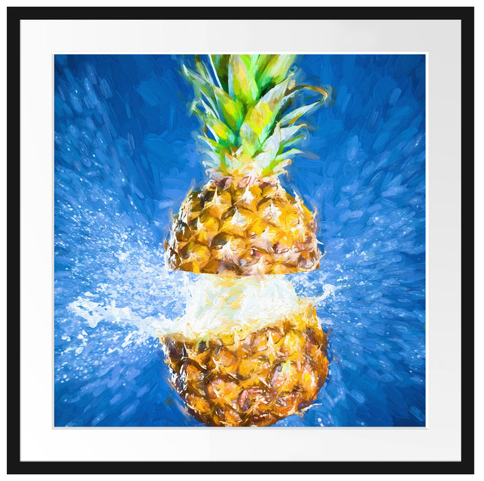 Ananas mit Wasser bespritzt Kunst Passepartout Quadratisch 70x70