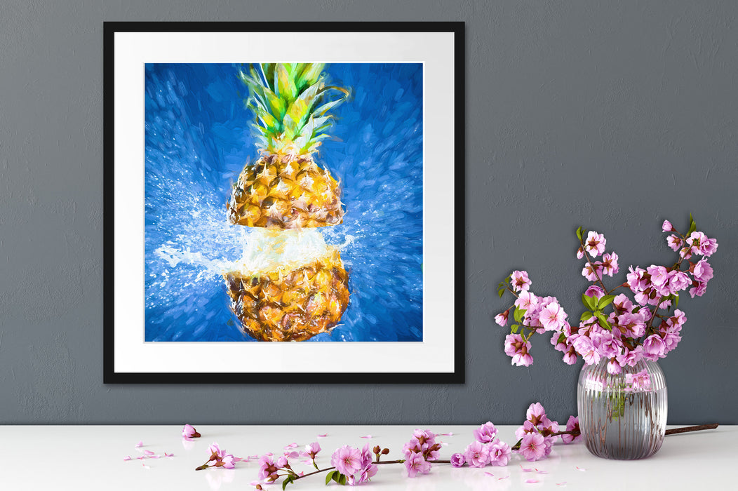 Ananas mit Wasser bespritzt Kunst Quadratisch Passepartout Dekovorschlag