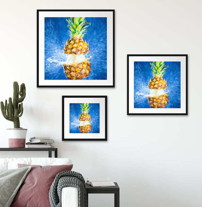 Ananas mit Wasser bespritzt Kunst Quadratisch Passepartout Wohnzimmer