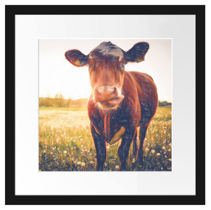 Kuh auf Butterblumenwiese Passepartout Quadratisch 40x40