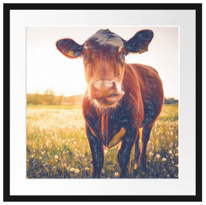 Kuh auf Butterblumenwiese Passepartout Quadratisch 55x55