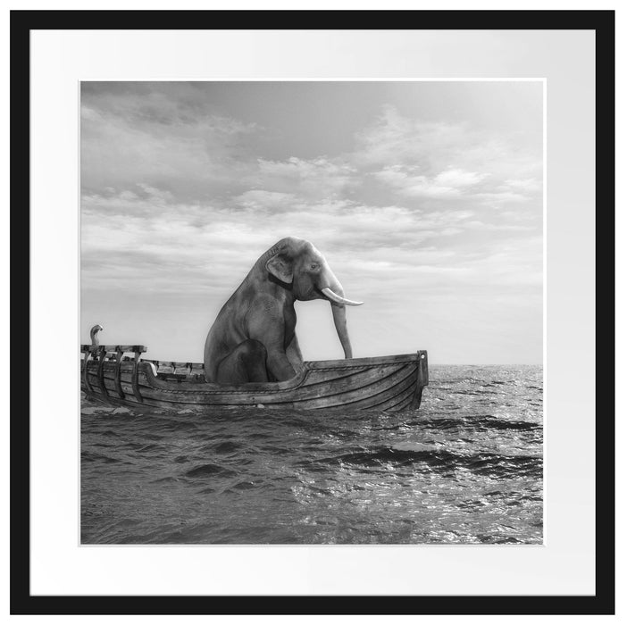 sitzender Elefant im Boot Passepartout Quadratisch 55x55