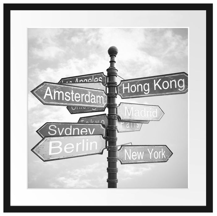Städte Wegweiser Kunst B&W Passepartout Quadratisch 55x55