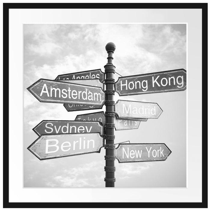Städte Wegweiser Kunst B&W Passepartout Quadratisch 70x70