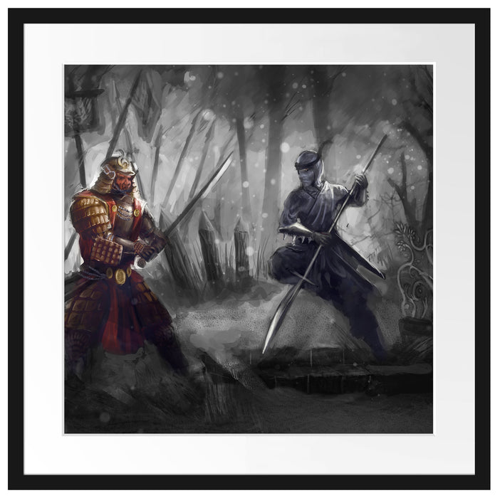 Kampf zwischen Samurai und Ninja Passepartout Quadratisch 55x55