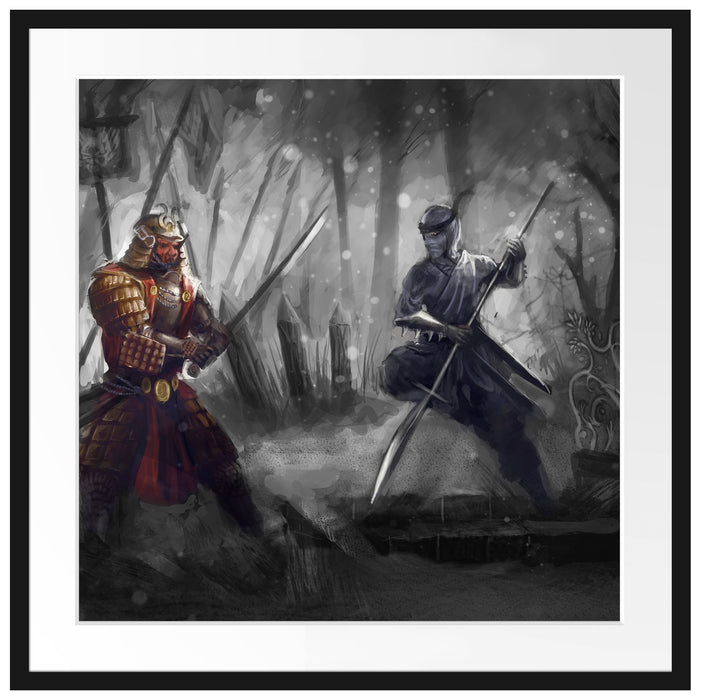 Kampf zwischen Samurai und Ninja Passepartout Quadratisch 70x70