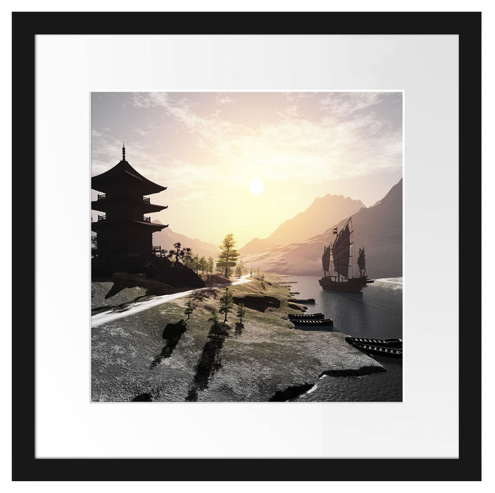 asiatischer Tempel an Fluss Passepartout Quadratisch 40x40