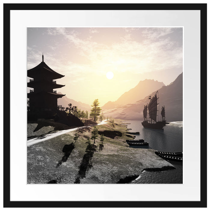 asiatischer Tempel an Fluss Passepartout Quadratisch 55x55
