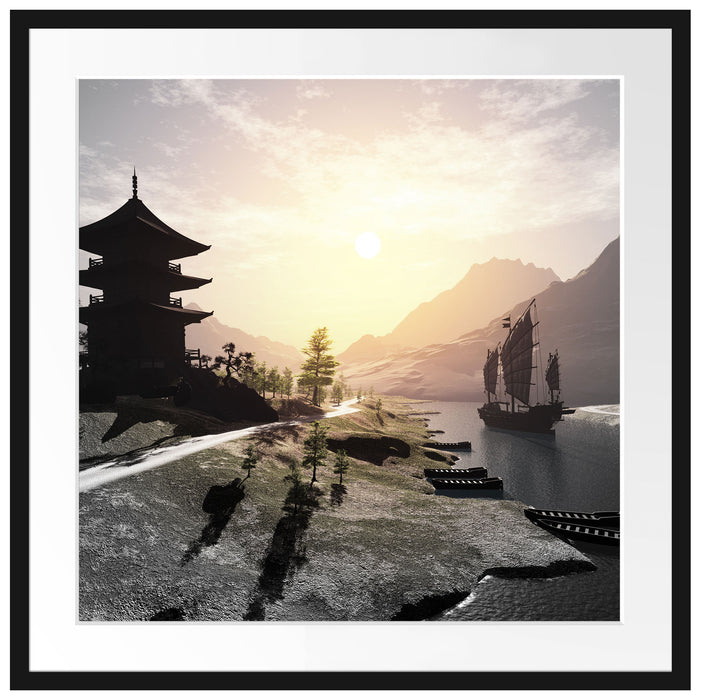 asiatischer Tempel an Fluss Passepartout Quadratisch 70x70