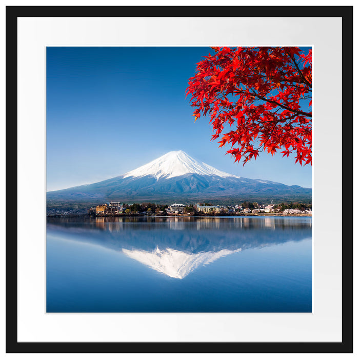 Berg Fujiyama mit herbstlich rotem Baum Passepartout Quadratisch 55
