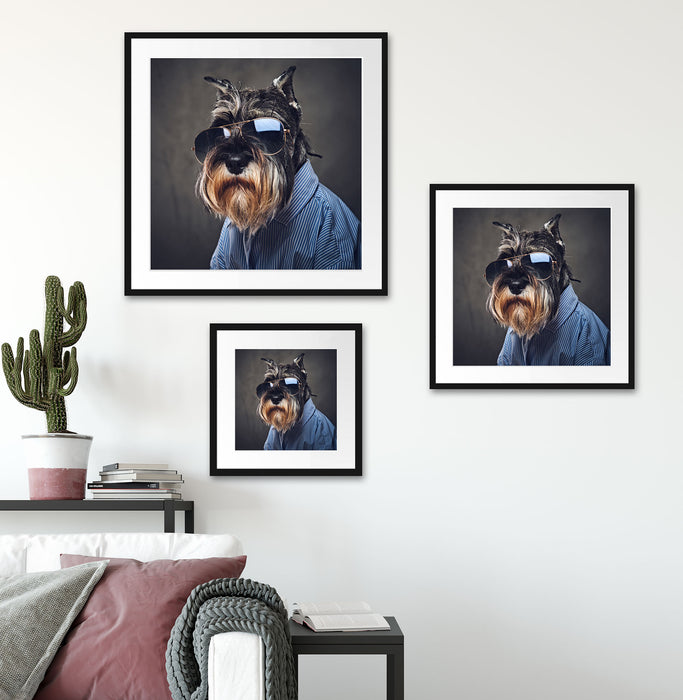 Lustiger Hund mit Hemd und Sonnenbrille Passepartout Wohnzimmer Quadratisch