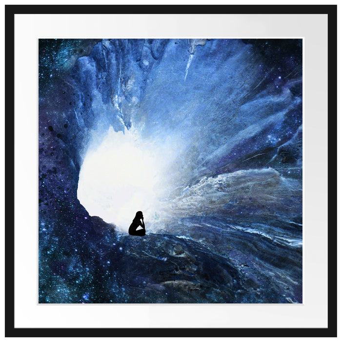 meditierende Frau vor Loch in Galaxie Passepartout Quadratisch 70