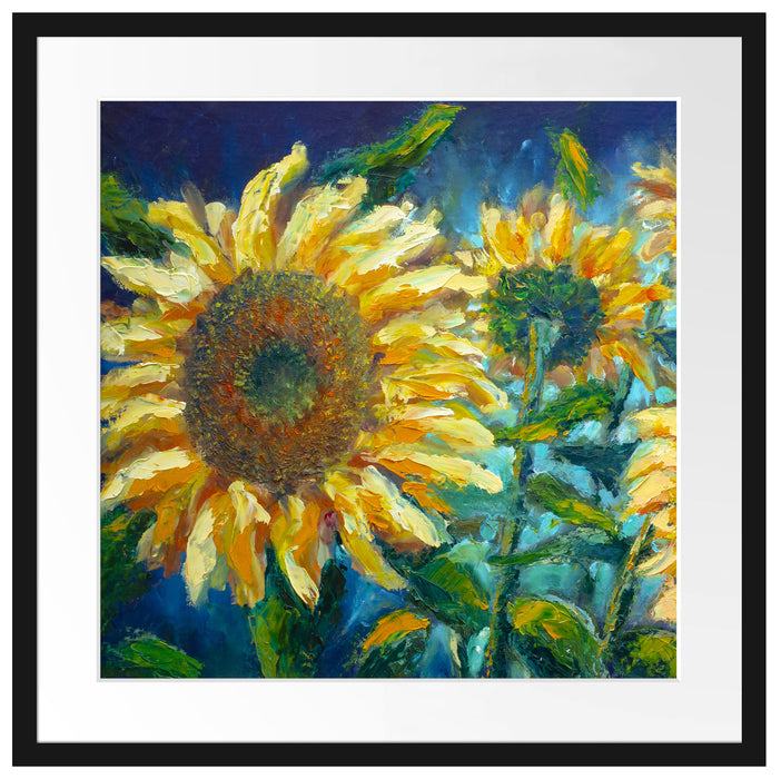 Sonnenblumen vor blauem Hintergrund Passepartout Quadratisch 55