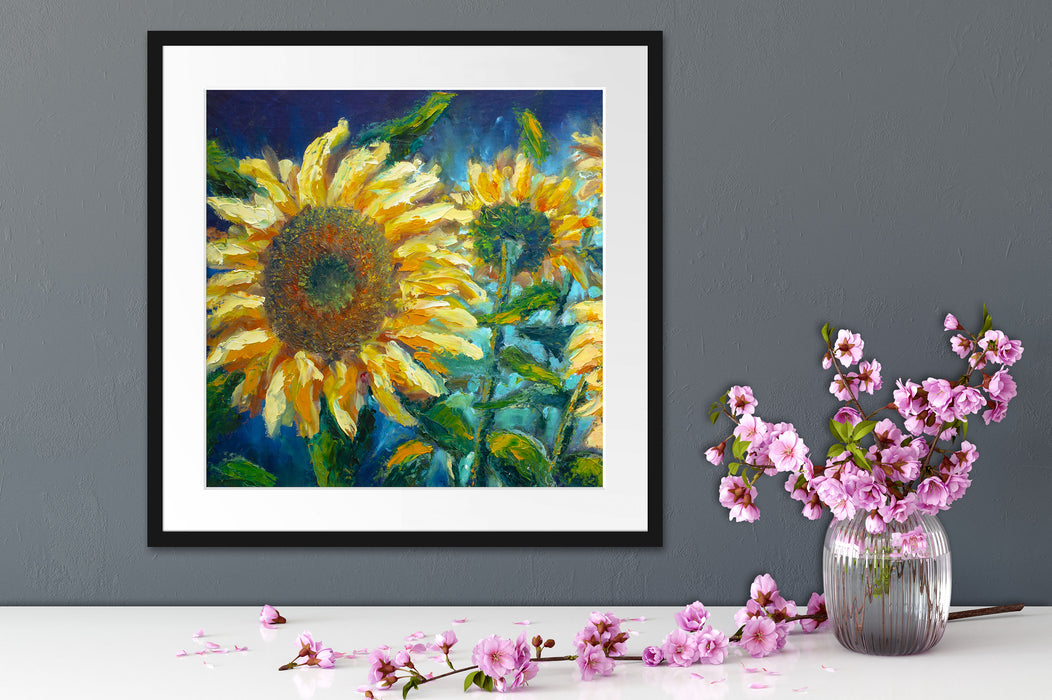 Sonnenblumen vor blauem Hintergrund Passepartout Detail Quadratisch
