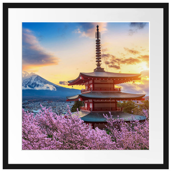 Japanischer Tempel zwischen Kirschblüten Passepartout Quadratisch 55
