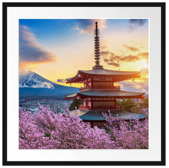 Japanischer Tempel zwischen Kirschblüten Passepartout Quadratisch 70