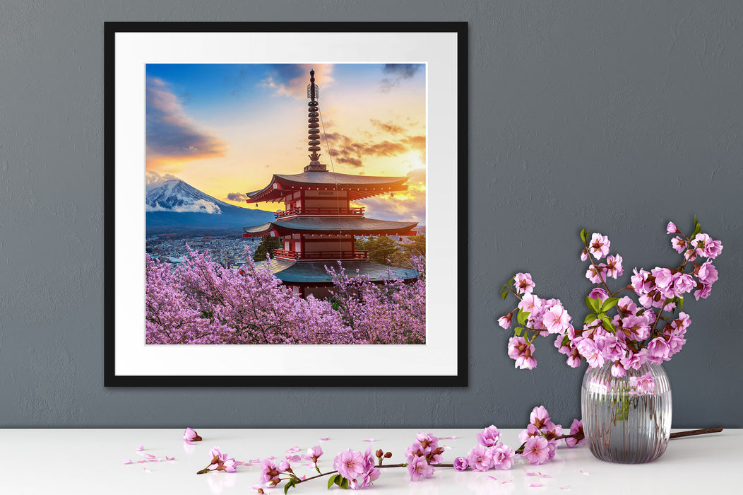 Japanischer Tempel zwischen Kirschblüten Passepartout Detail Quadratisch