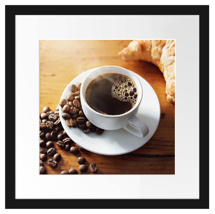 Tasse Kaffee mit Bohnen und Croissant Passepartout Quadratisch 40