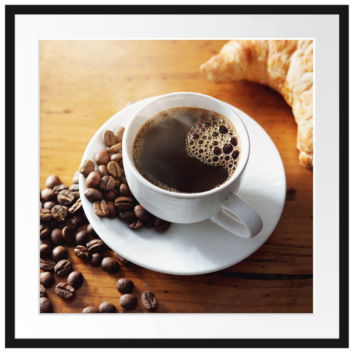 Tasse Kaffee mit Bohnen und Croissant Passepartout Quadratisch 70