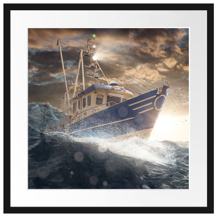 Fischerboot im Sturm auf hoher See Passepartout Quadratisch 55