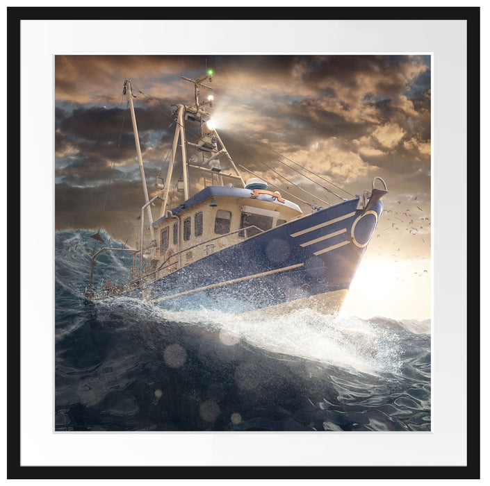 Fischerboot im Sturm auf hoher See Passepartout Quadratisch 70
