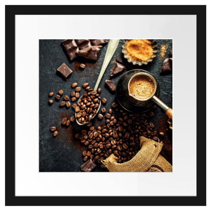 Kaffeebohnen und Schokolade von oben Passepartout Quadratisch 40