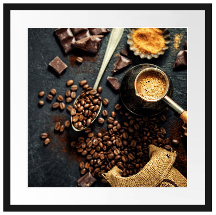 Kaffeebohnen und Schokolade von oben Passepartout Quadratisch 55
