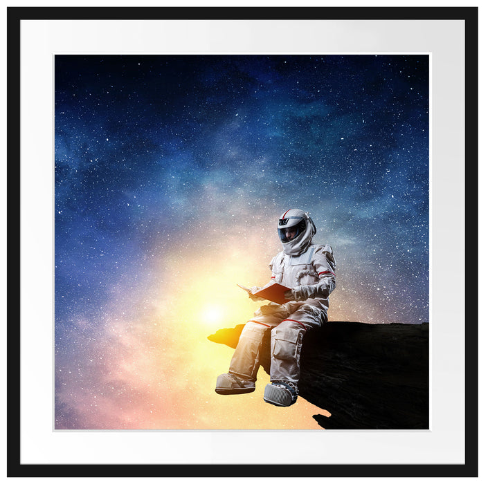Lesender Astronaut auf Vorsprung vor Galaxie Passepartout Quadratisch 70